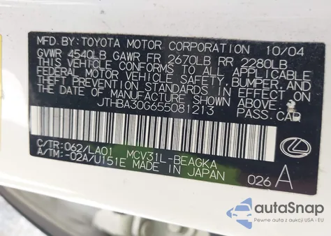 2005 Lexus Es 330 из США, поврежденный, VIN JTHBA30G655081213